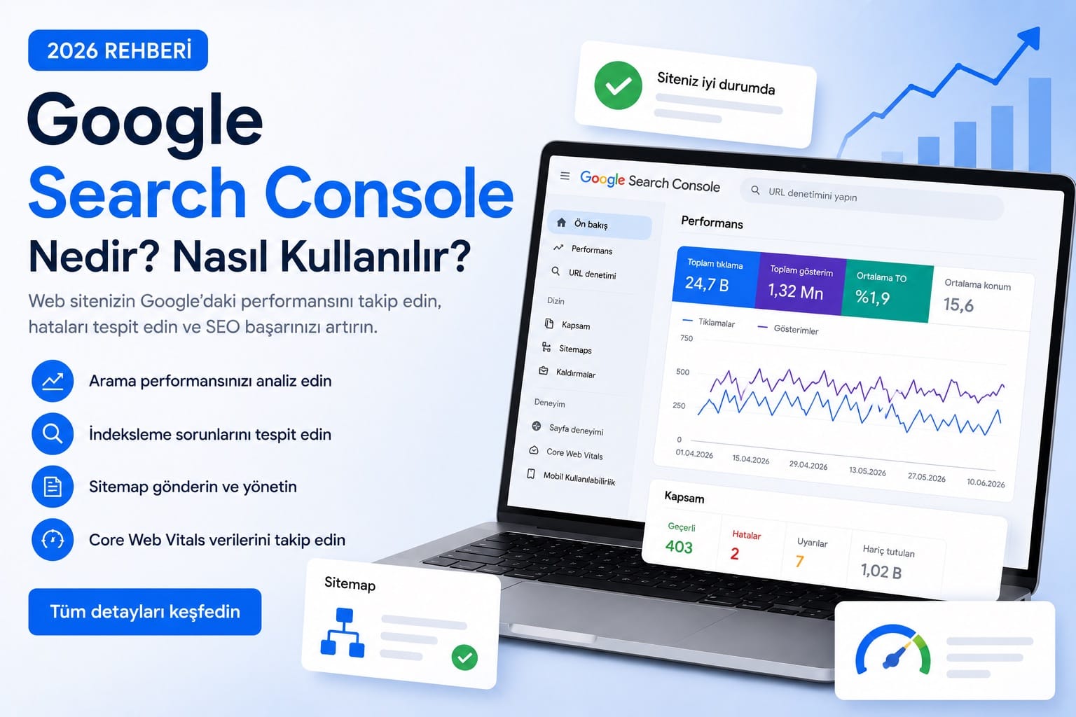 Web sitenizin Google’daki performansını takip etmek, indeks sorunlarını görmek ve SEO çalışmalarınızı geliştirmek istiyorsanız Google Search Console kullanmanız gerekir. Google tarafından ücretsiz olarak sunulan bu araç sayesinde sitenizin arama sonuçlarındaki görünürlüğünü detaylı şekilde analiz edebilirsiniz.